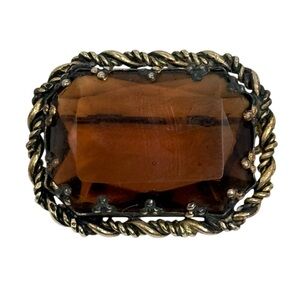 vintage West German brown glass brooch gold-tone frame. Mid century